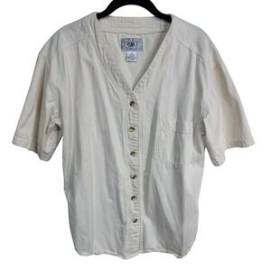 Vintage Vision I Cream Short Sleeve V-Neck Button Front Pocket Shirt Size Medium